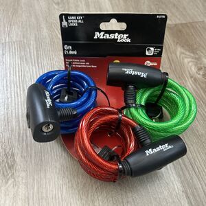 Master Lock 6ft Bike Cable Locks 3 Pack Keyed Alike 8127TRI Security Loop NEW